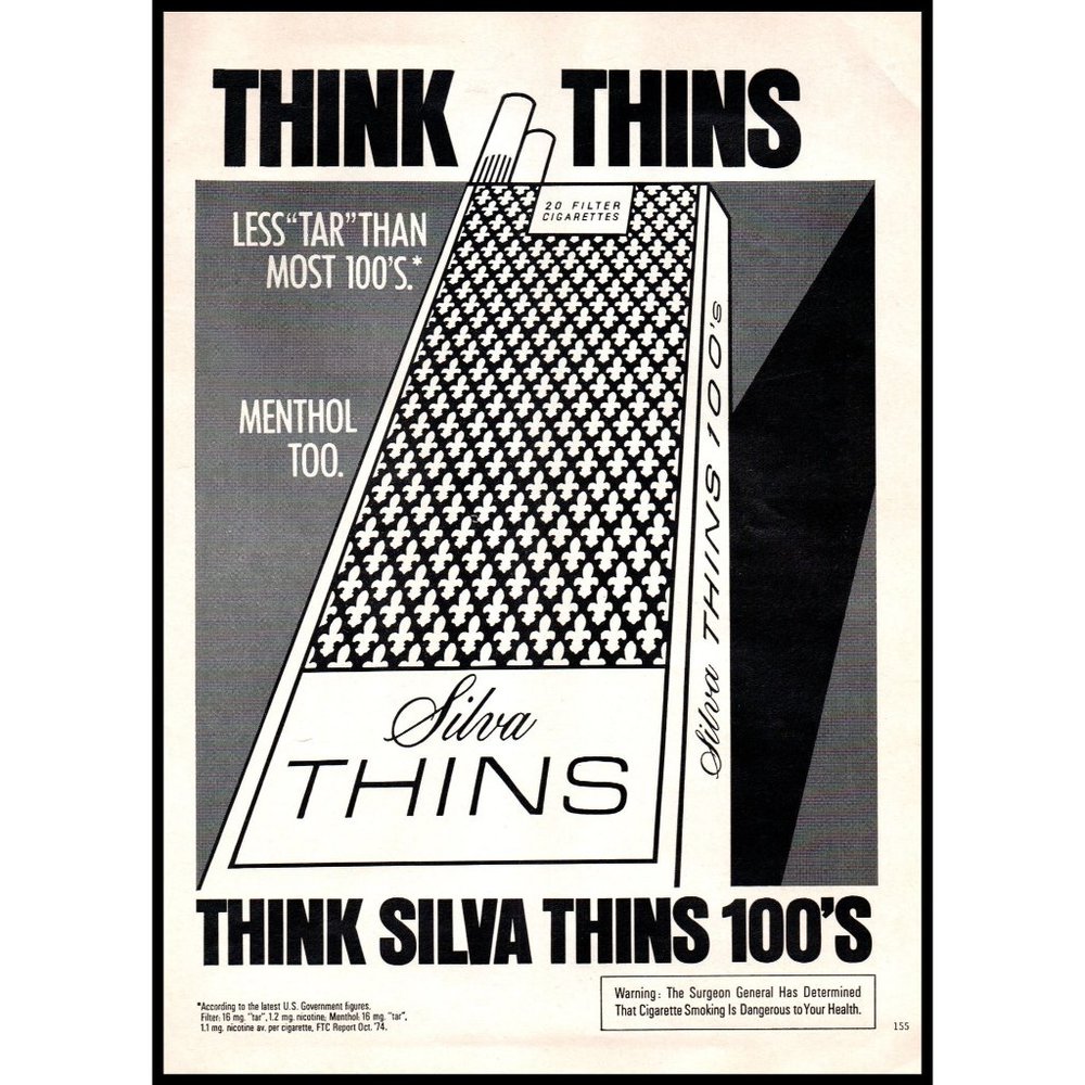 1975 Silva Thins Cigarettes Vintage Print Ad Large Pack Minimalist Wall Art